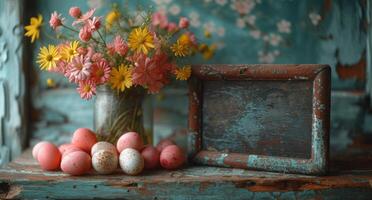 ai généré Pâques des œufs et fleurs sur en bois table photo