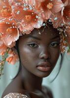 ai généré fermer portrait de magnifique fille avec couronne sur sa diriger. photo