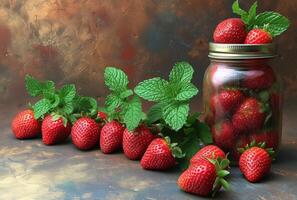 ai généré des fraises et pot de Confiture. des fraises dans une pot avec menthe feuilles photo