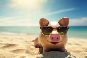 ai généré rempli de trésors porcin banque sur plage. produire ai photo