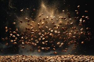 ai généré café des haricots capturé dans en l'air avec une dynamique explosion de terrains photo