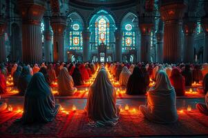 ai généré pieux personnes dans une a la chandelle mosquée pendant une tranquille prière session, photo