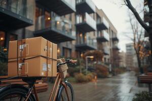 ai généré paquets sécurisé sur une bicyclette contre une moderne appartement bâtiment toile de fond, symbolisant Urbain livraison prestations de service photo