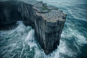 ai généré atmosphérique vue de une robuste falaise contre le puissant vagues de une brumeux océan photo