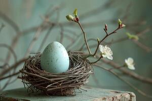 ai généré serein printemps nid avec Oeuf et fleurs photo