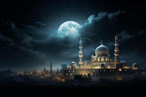 ai généré resplendissant mosquée soir ciel lune. produire ai photo