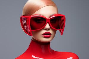 ai généré sophistiqué femme rouge des lunettes avenir. produire ai photo