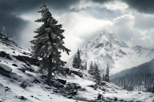 ai généré majestueux Montagne des arbres l'hiver. produire ai photo