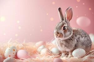 ai généré mignonne Pâques lapin avec pastel Pâques des œufs sur une délicat rose Contexte avec copie espace photo