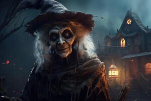 ai généré mystérieux vieux femme Halloween maison. produire ai photo