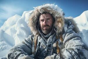 ai généré majestueux Montagne congelé homme l'hiver. produire ai photo