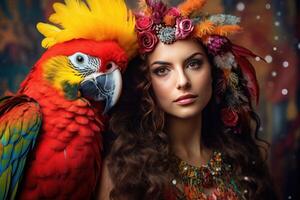 ai généré coloré perroquet femme portrait. produire ai photo