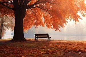 ai généré spacieux panoramique l'automne parc avec bancs. produire ai photo