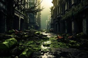 ai généré abandonné post-apocalyptique vert rue. produire ai photo