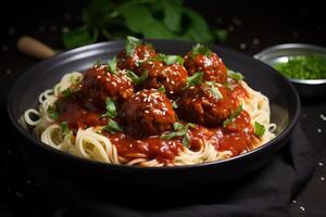 ai généré crémeux portion bol avec blanc la volaille Boulettes de viande sauce. produire ai photo