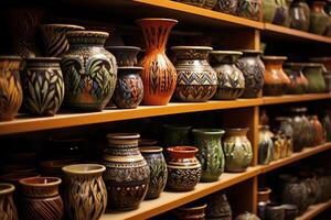 ai généré coloré poterie des vases art étagères. produire ai photo