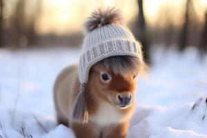 ai généré de fête poney chapeau l'hiver. produire ai photo