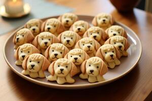 ai généré espiègle chiot marrant supporter sur table des biscuits. produire ai photo