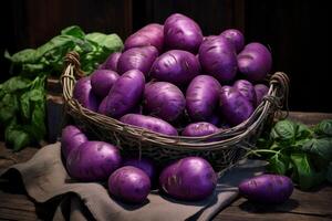 ai généré nutritif violet sucré patates pile aliments. produire ai photo