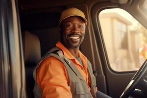 ai généré énergique positif africain américain chauffeur souriant. produire ai photo