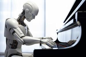 ai généré mécanique robot en jouant piano mélodie. produire ai photo