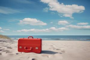 ai généré brillant rouge valise plage. produire ai photo