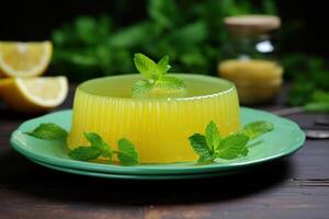 ai généré acidulé assiette de citron gelée menthe. produire ai photo