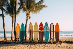 ai généré pittoresque rangée de planches de surf sur plage. produire ai photo