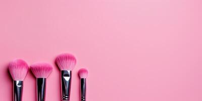 ai généré sur le droite, professionnel maquillage pinceaux, rose arrière-plan, horizontal bannière pour se maquiller, beauté et cosmétologie, gratuit espace pour texte photo