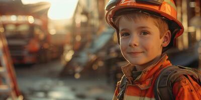ai généré international sapeurs pompiers jour, portrait de une petit enfant garçon dans une sapeur pompier costume, Feu camions dans une Feu gare, le concept de choisir une profession photo