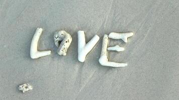 le mot l'amour est posé en dehors avec coraux sur une sablonneux plage. photo