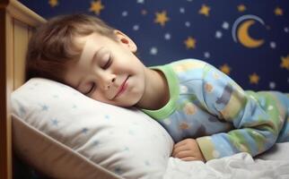 ai généré une Jeune enfant en train de dormir solidement dans le sien confortable lit, monde sommeil journée relaxation scènes, paisible sommeil environnements, tranquille nuit atmosphère photo