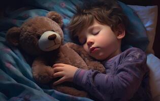 ai généré une Jeune enfant dort avec le sien préféré farci animal dans une confortable chambre à coucher, monde sommeil journée narration, relaxant heure du coucher récits, sommeil aide atmosphère photo