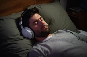 ai généré une homme portant écouteurs est en train de dormir pacifiquement dans lit, l'audio et visuel sommeil sida, tranquille narration, monde sommeil journée sérénité photo