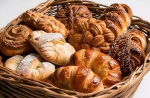 ai généré danois Pâtisserie panier avec sélection de pains, mexicain nourriture Stock photo