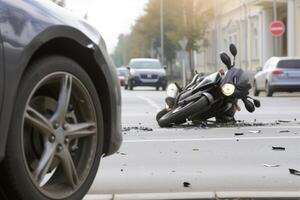 ai généré une moto écrasé dans une voiture sur une ville rue, accident de le voiture et le motocycliste photo