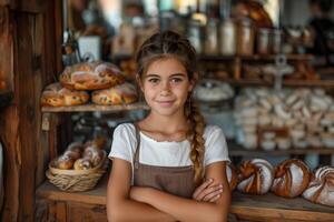 ai généré photo de une content assistant fille boulanger permanent à le boulangerie compteur