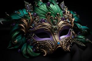 ai généré violet et vert carnaval masque avec plumes sur une noir Contexte photo