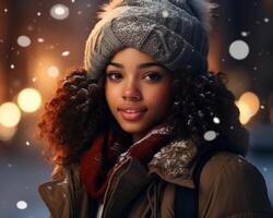 ai généré portrait de une Jeune magnifique afro américain fille dans une chapeau dans une hiver nuit ville photo