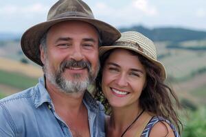 ai généré de bonne humeur magnifique milieu vieilli couple prise selfie sur vacances photo