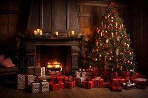 ai généré magnifique Noël arbre dans une confortable pièce près le cheminée et cadeaux photo