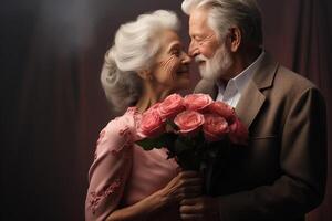 ai généré un plus âgée couple est en portant fleurs ensemble photo