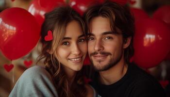 ai généré américain couple des stands parmi rouge en forme de coeur des ballons, évoquant la Saint-Valentin journée romance avec une subtil ombre effet photo