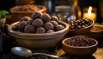 ai généré gourmet foncé Chocolat dessert sur en bois tableau, Frais et fait maison généré par ai photo