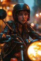 ai généré portrait de une Jeune motard femme dans pluvieux temps photo