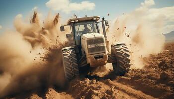 ai généré agriculteur charrues champ avec tracteur, en train de préparer pour été récolte généré par ai photo