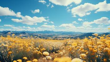 ai généré tranquille prairie, Jaune fleurs, bleu ciel, Montagne culminer, la nature beauté généré par ai photo