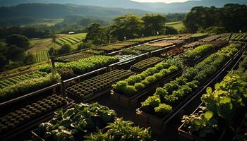 ai généré frais, biologique des légumes grandir dans luxuriant vert des champs en dessous de le Soleil généré par ai photo