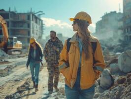 ai généré réaliste diverse équipe de Masculin et femelle en marchant dans le construction site photo