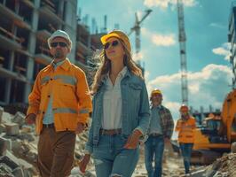 ai généré réaliste diverse équipe de Masculin et femelle en marchant dans le construction site photo